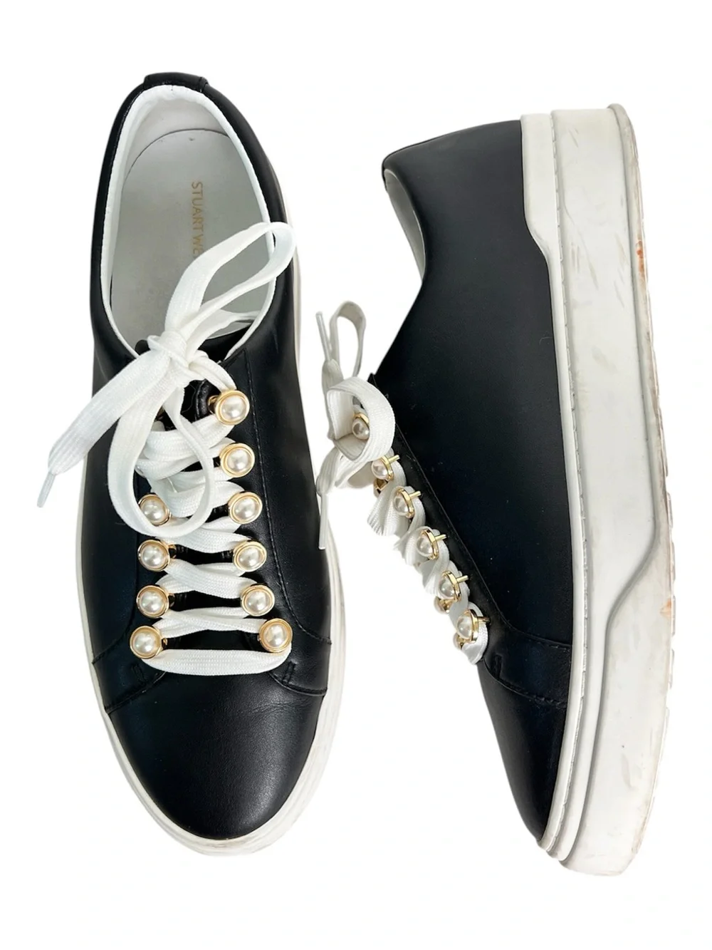 Stuart Weitzman Excelsa Black Embellished Lace Up Leather Sneakers Women's 8.5B